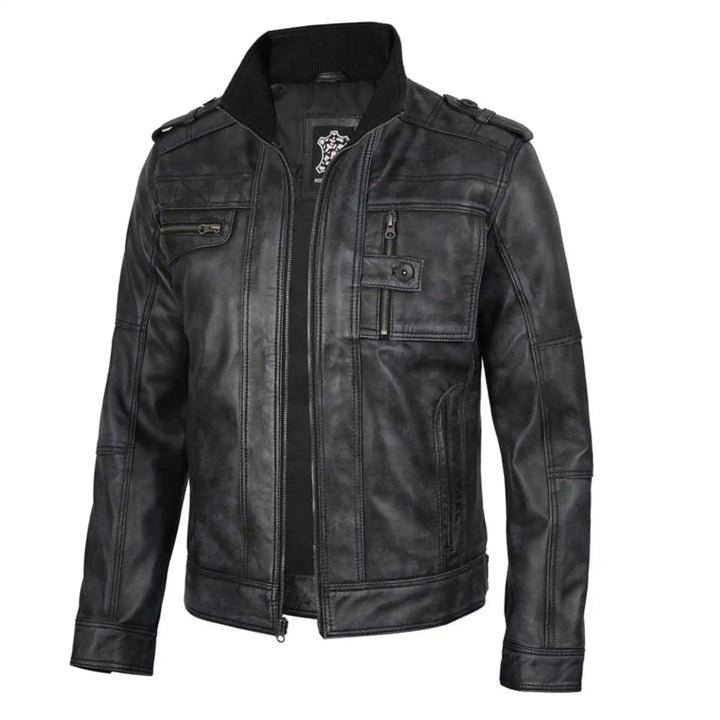 Black leather jacket on a white background