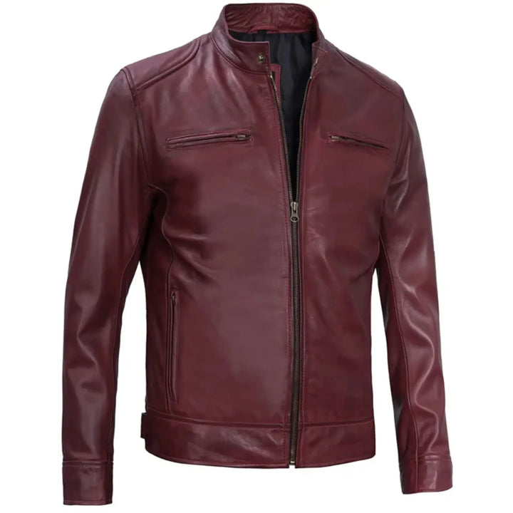 Maroon leather jacket on a white background