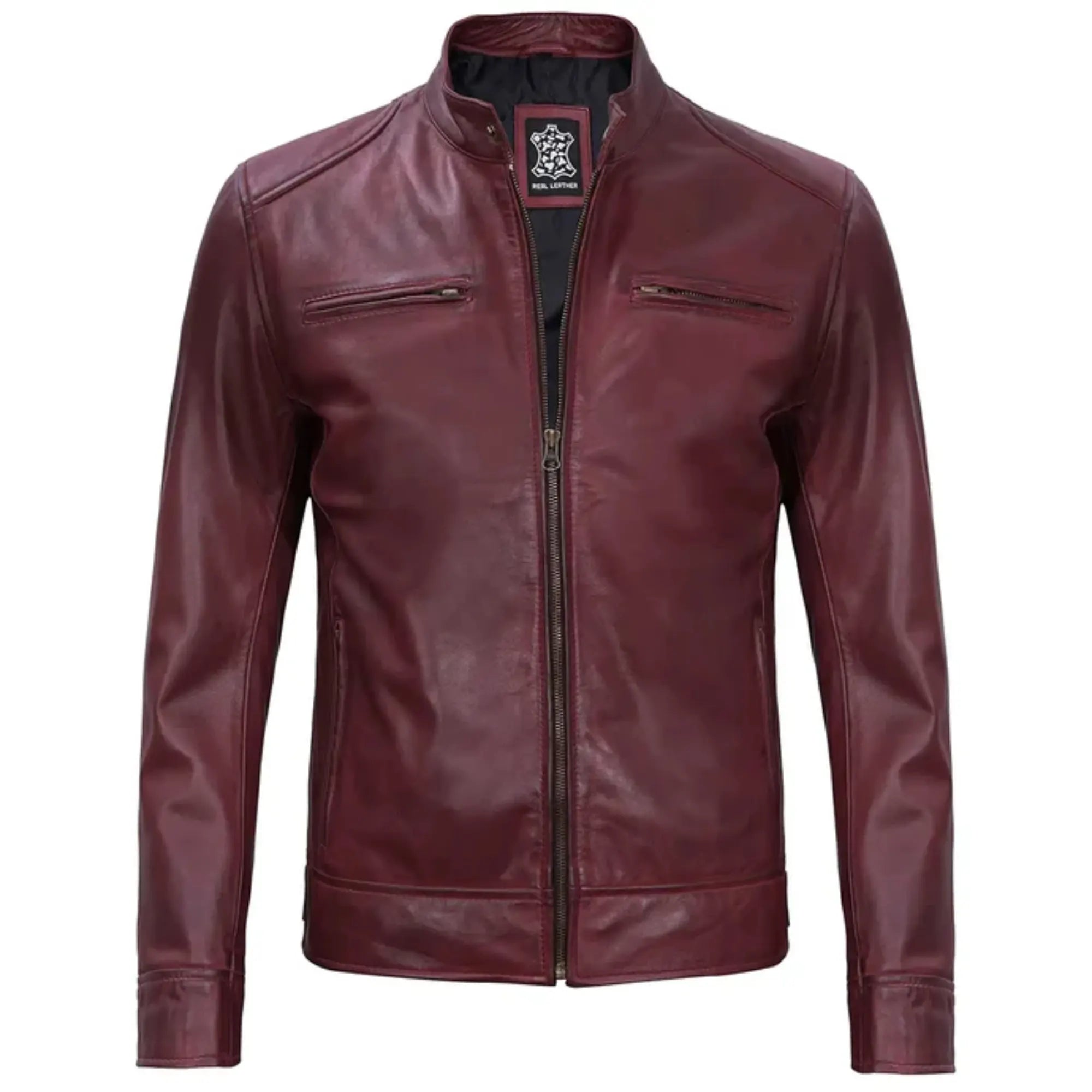 Maroon leather jacket on a white background
