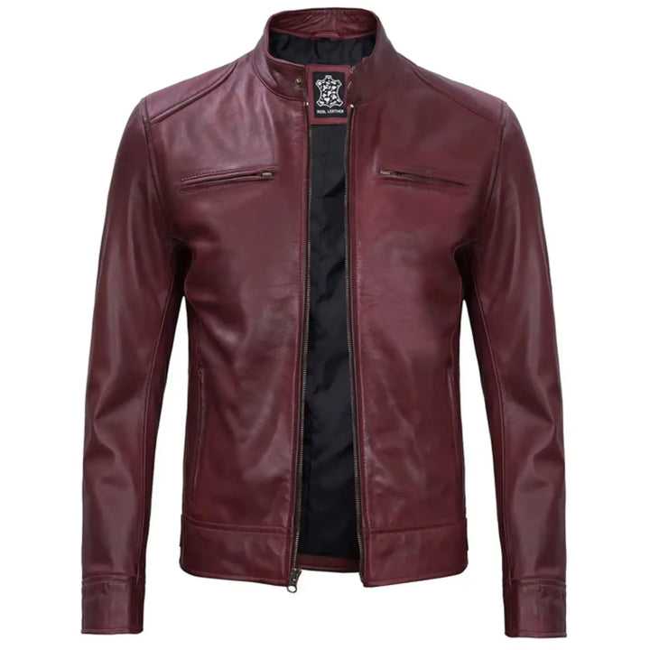 Maroon leather jacket on a white background