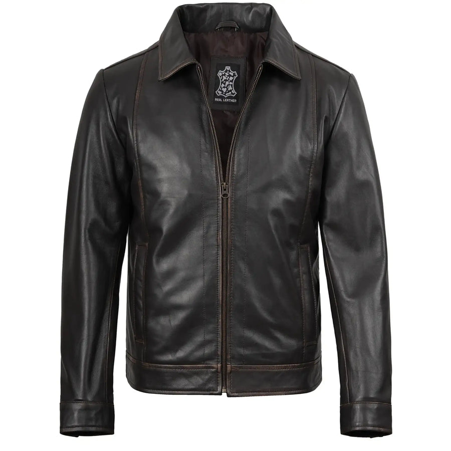 Mens Distressed Dark Brown Biker Style Leather Jacket
