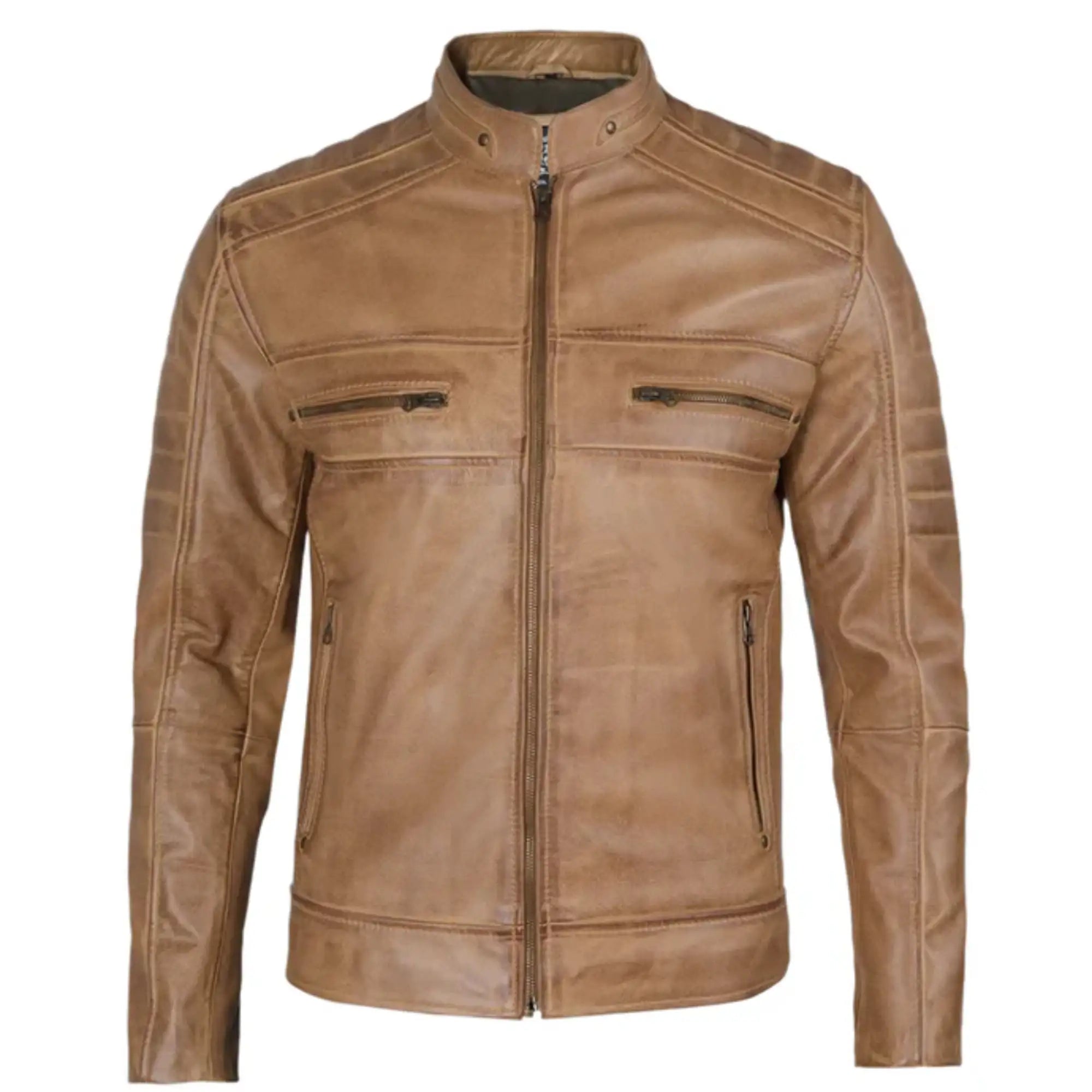 Brown leather jacket on a white background