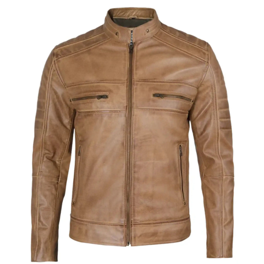 Mens Distressed Tan Brown Cafe Racer Real Leather Jacket