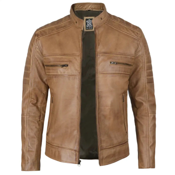 Brown leather jacket on a white background
