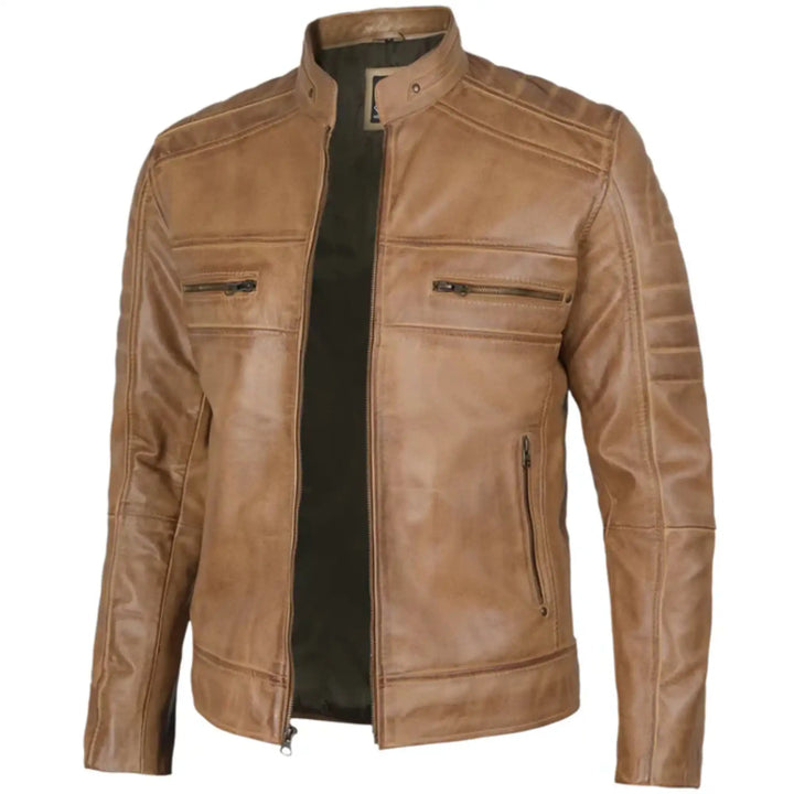 Brown leather jacket on a white background