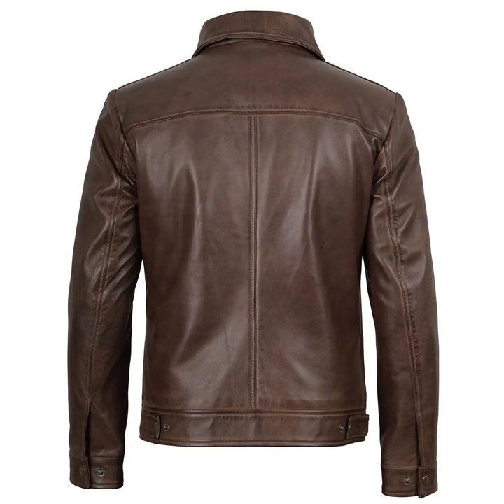 Brown leather jacket with a brand logo on a white background