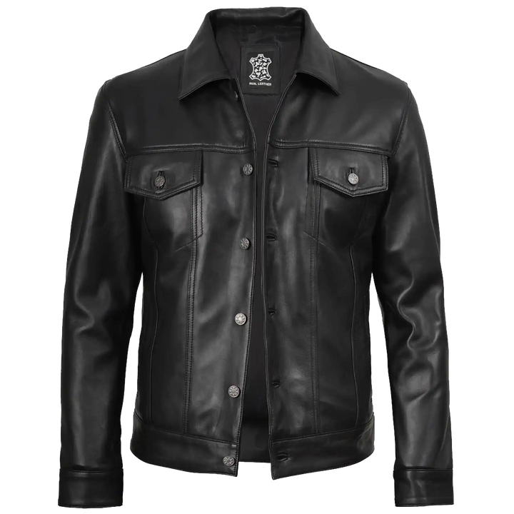 Black leather jacket on a white background