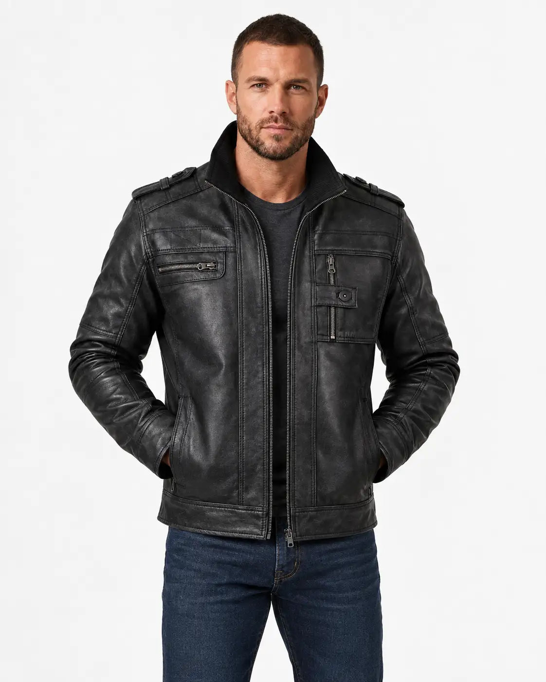 Mens Distressed Black Leather Biker Style Jacket