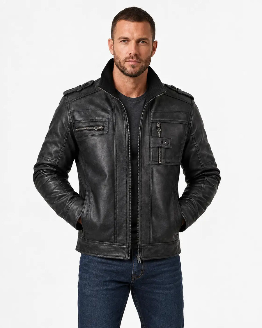 Marco - Men's Distressed Black Leather Biker Style Jacket