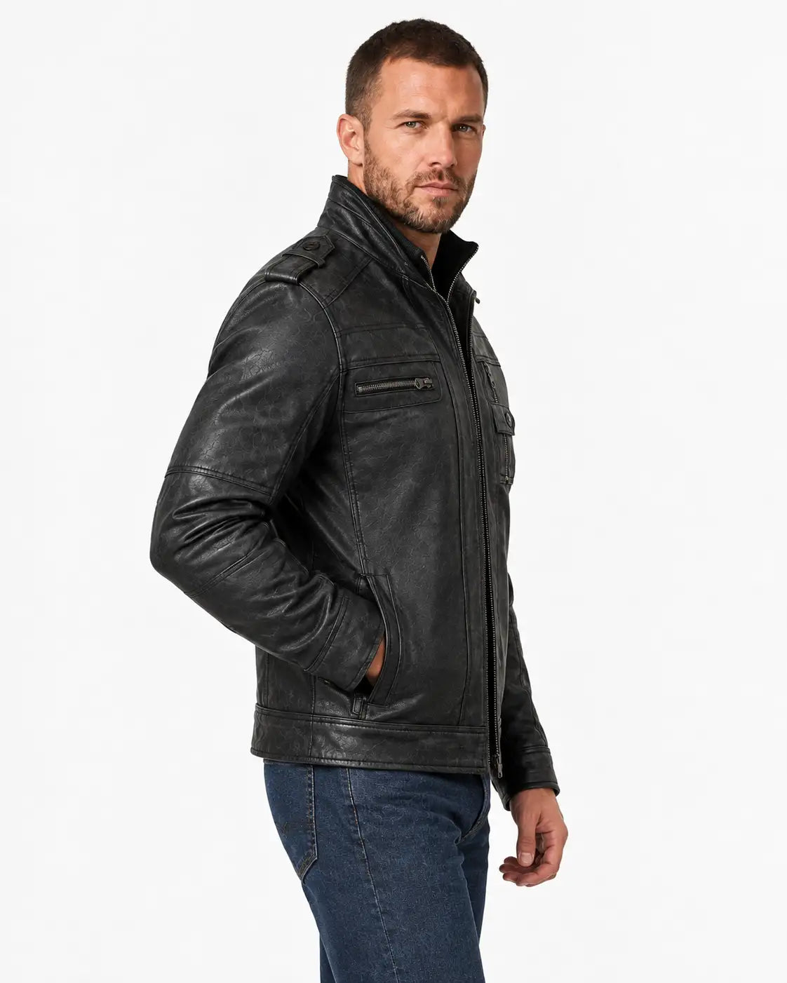 Mens Distressed Black Leather Biker Style Jacket