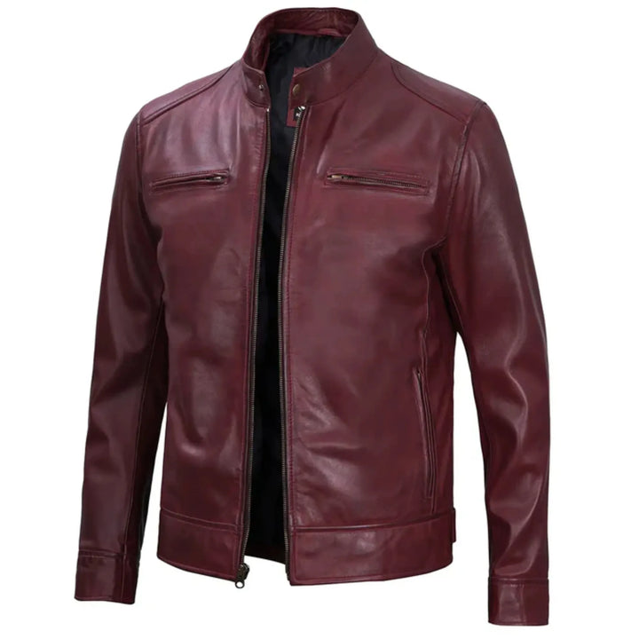Maroon leather jacket on a white background