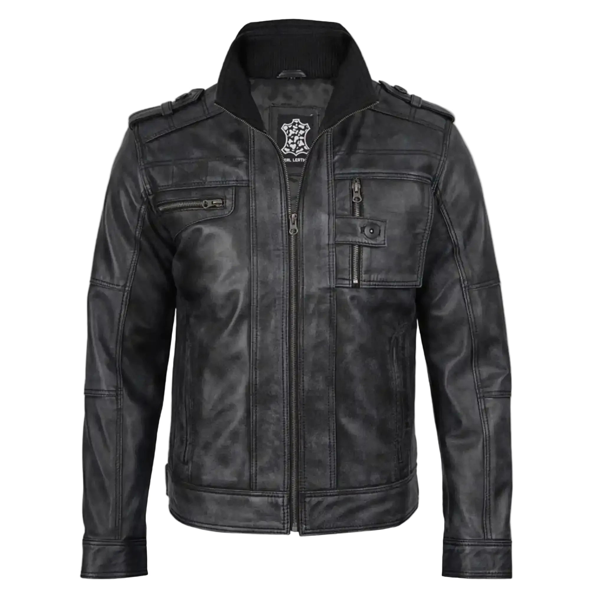 Mens Distressed Black Leather Biker Style Jacket