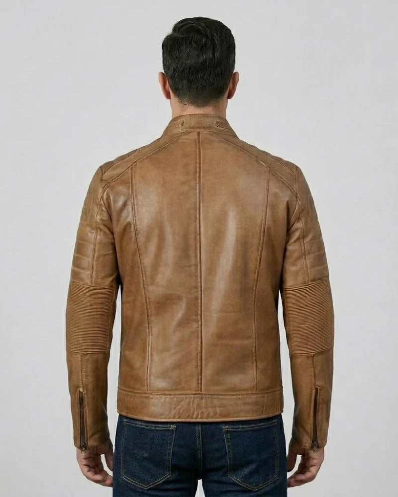 Mens Distressed Tan Brown Cafe Racer Real Leather Jacket