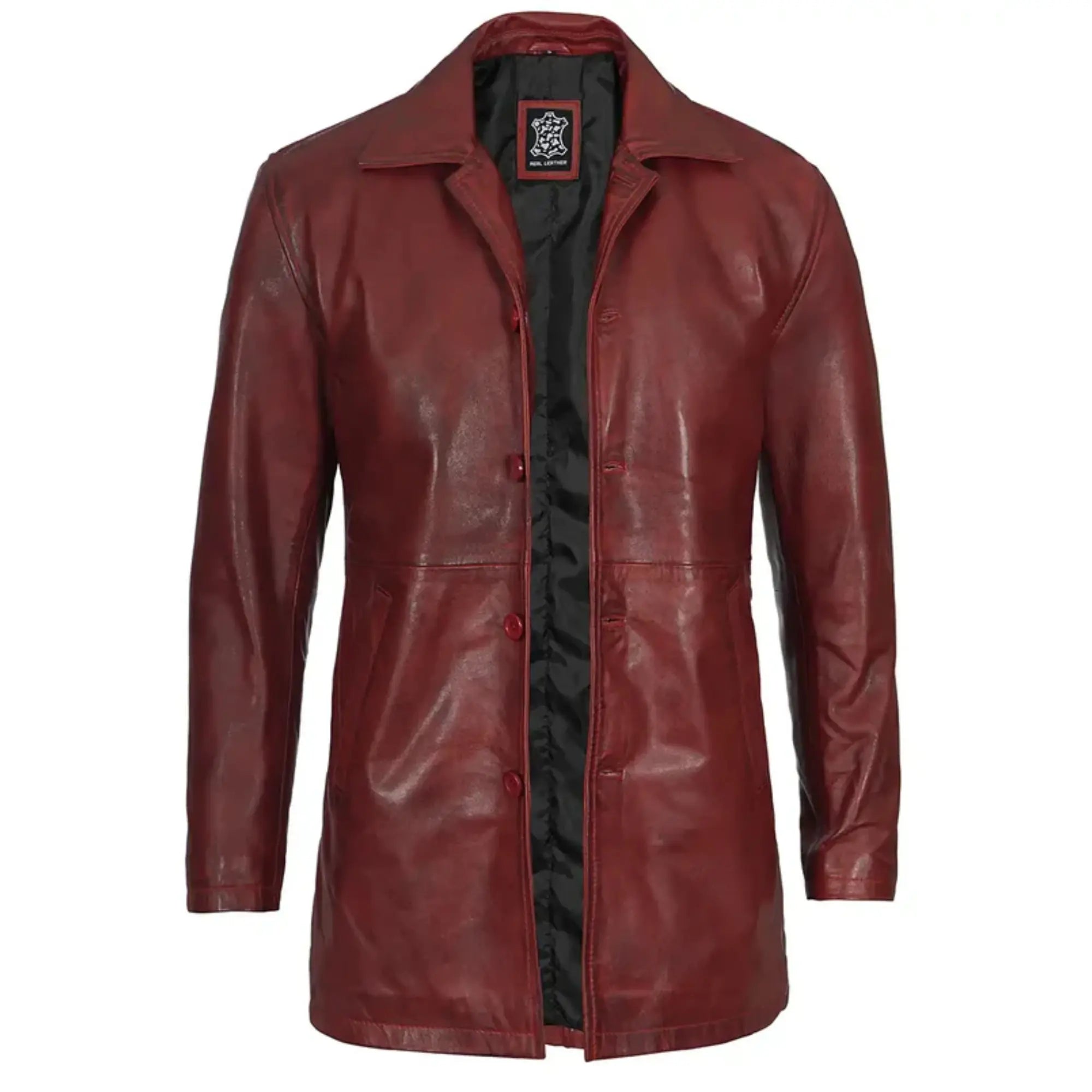 Mens Maroon Real Leather Car Coat