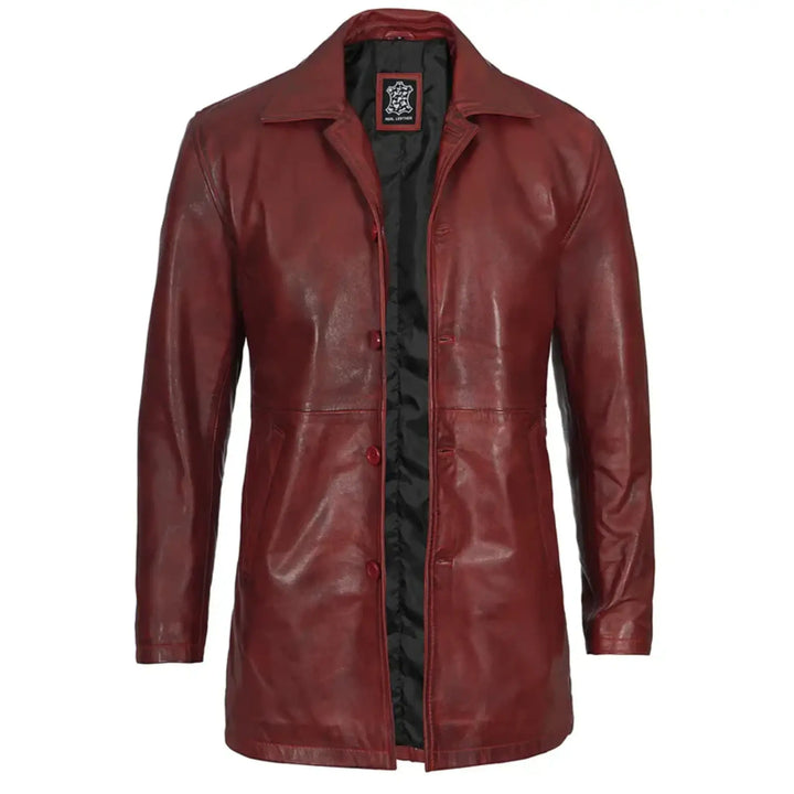 Mens Maroon Real Leather Car Coat