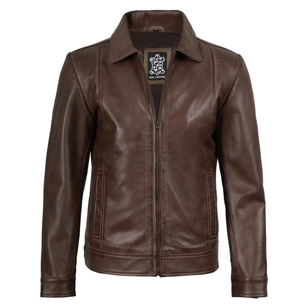 Brown leather jacket with a brand label on a white background
