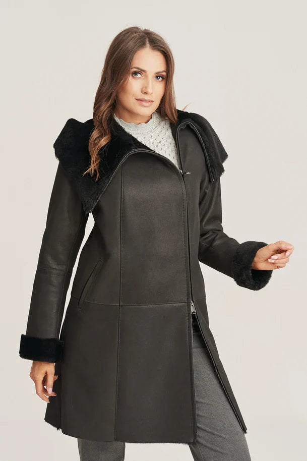 Women's Shearling Black Leather Coat with Hood