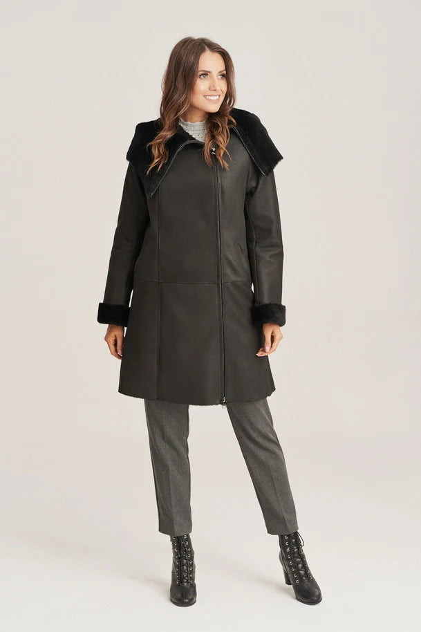 Mirella - Women's Shearling Black Leather Coat with Hood