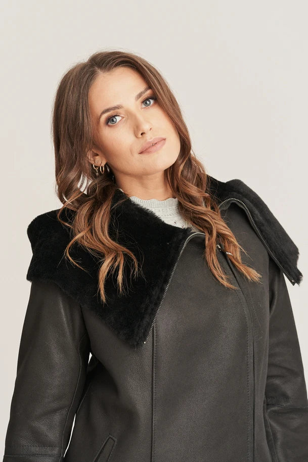 Mirella - Women's Shearling Black Leather Coat with Hood