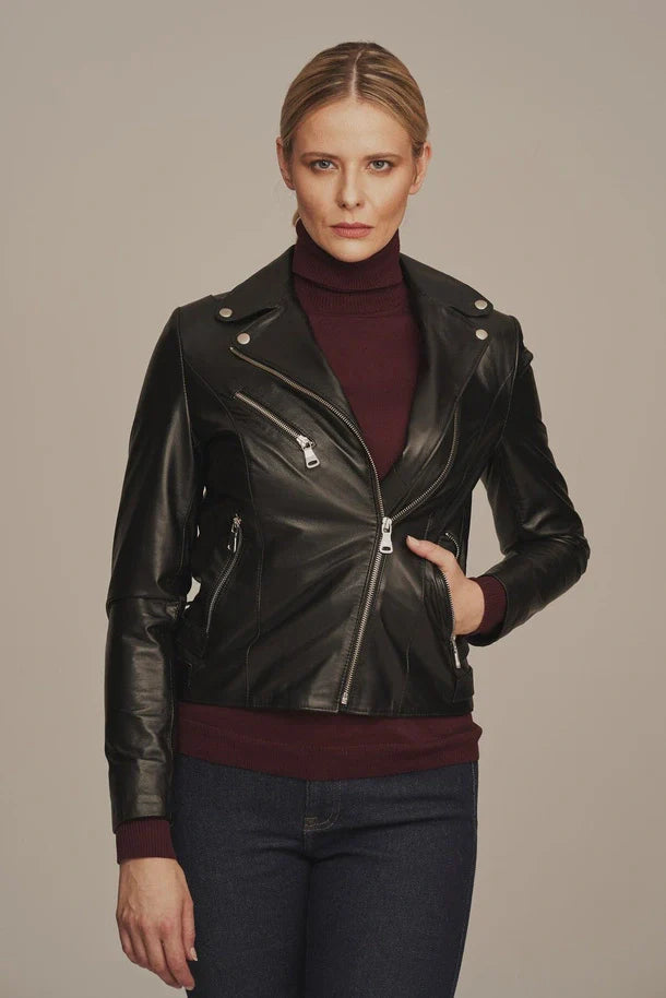 Women's Leather Sheepskin Biker Jacket Black