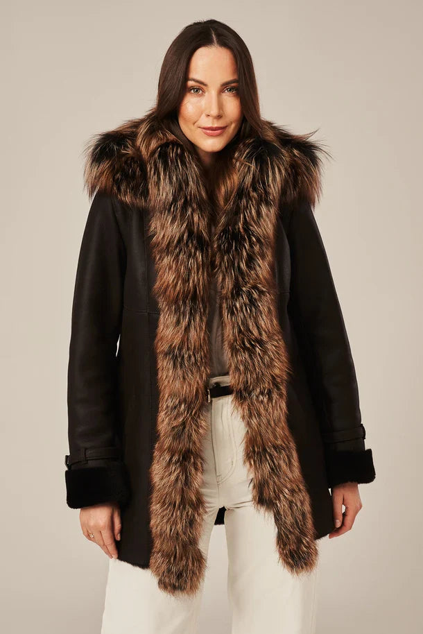 Women's Black Shearling Coat with Fur Hood