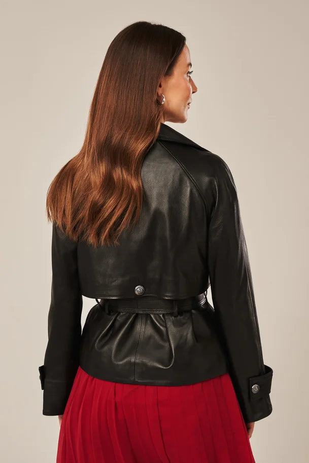 Nythera - Women's Black leather jacket with belt