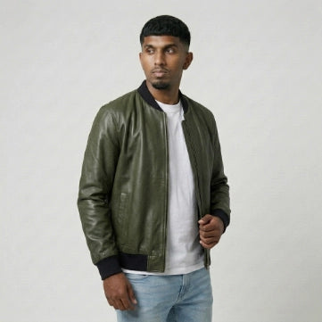 Olive Sheepskin Leather Bomber Style Jacket For Men