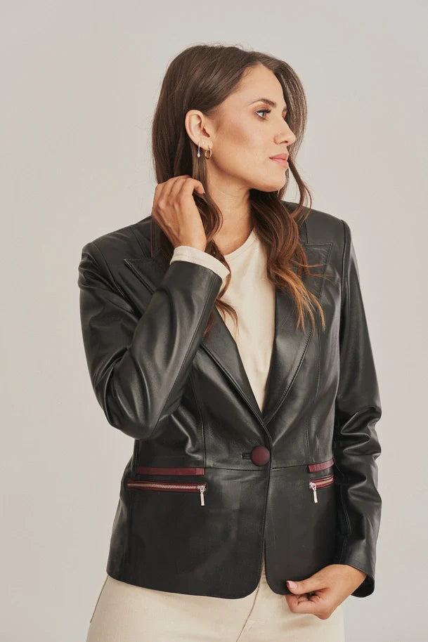 Women's Black One Button Leather Blazer