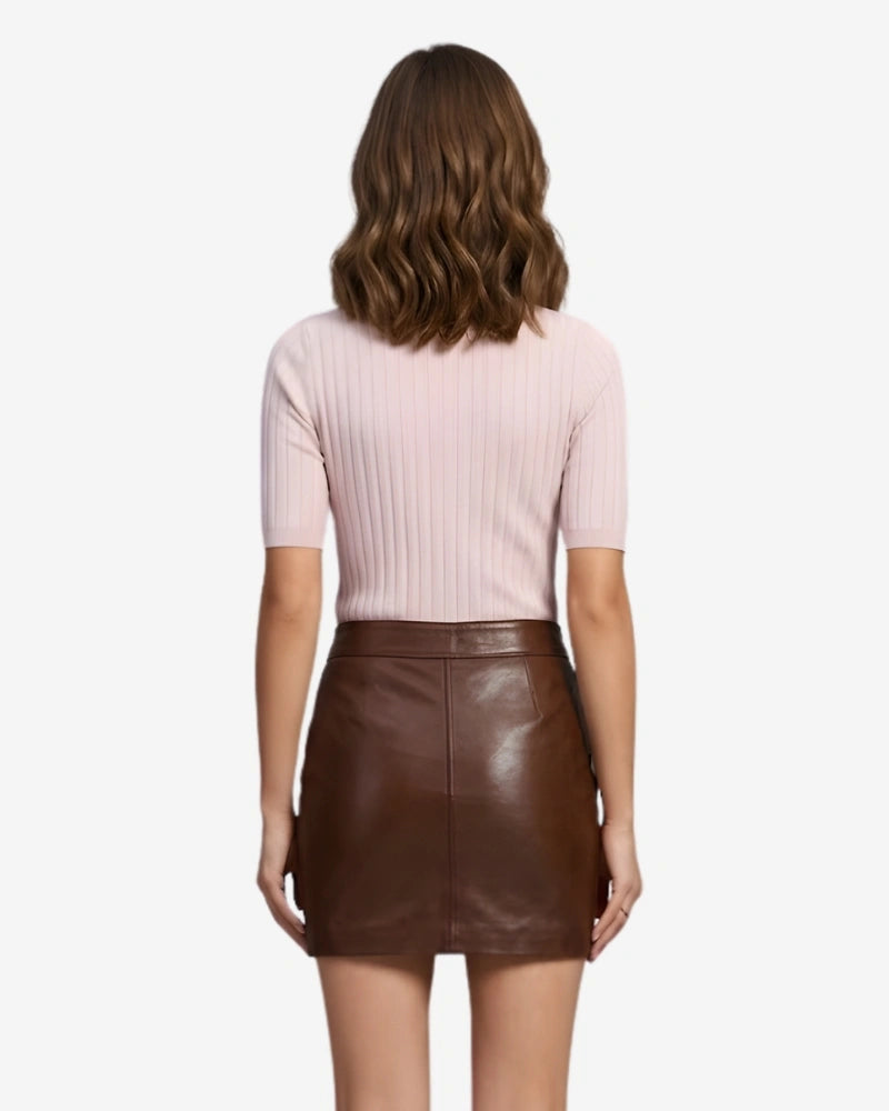Premium Brown Real Leather Mini Skirt with Side Pockets