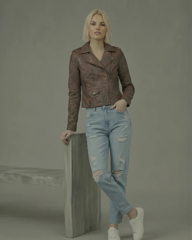 Premium Brown Sheepskin Biker Jacket for Women