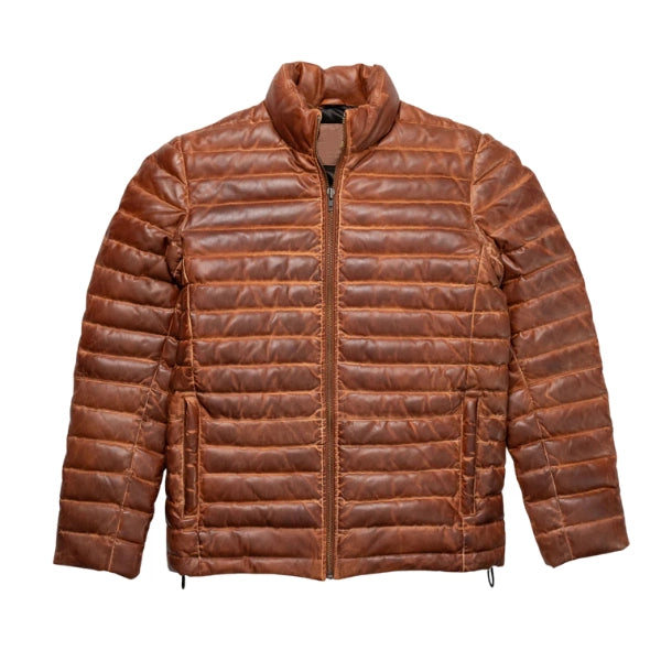 Quilted Dual Tone Brown Leather Puffer Jacket