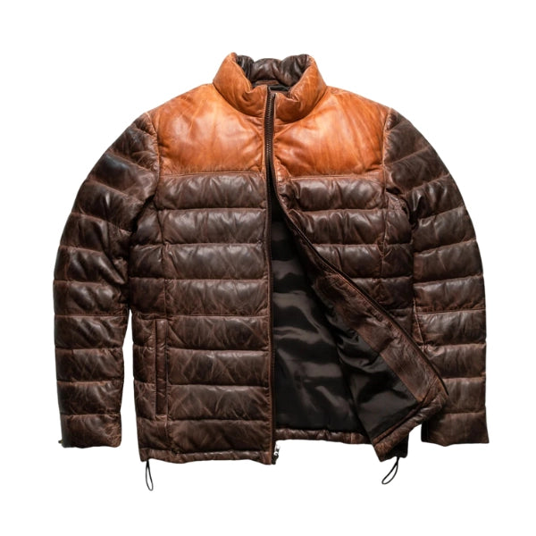 Unwind Leather Quilted Dual Tone Tan and Brown Leather Puffer Jacket