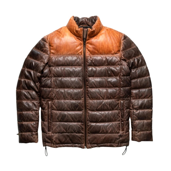 Quilted Dual Tone Tan and Brown Leather Puffer Jacket