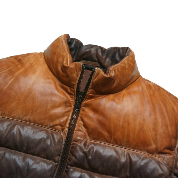 Unwind Leather Quilted Dual Tone Tan and Brown Leather Puffer Jacket