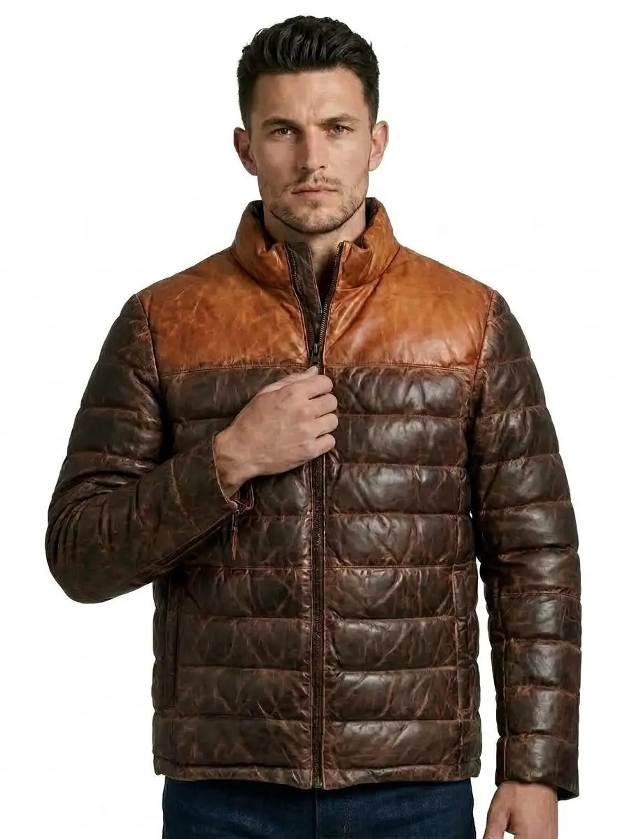 Quilted Dual Tone Tan and Brown Leather Puffer Jacket