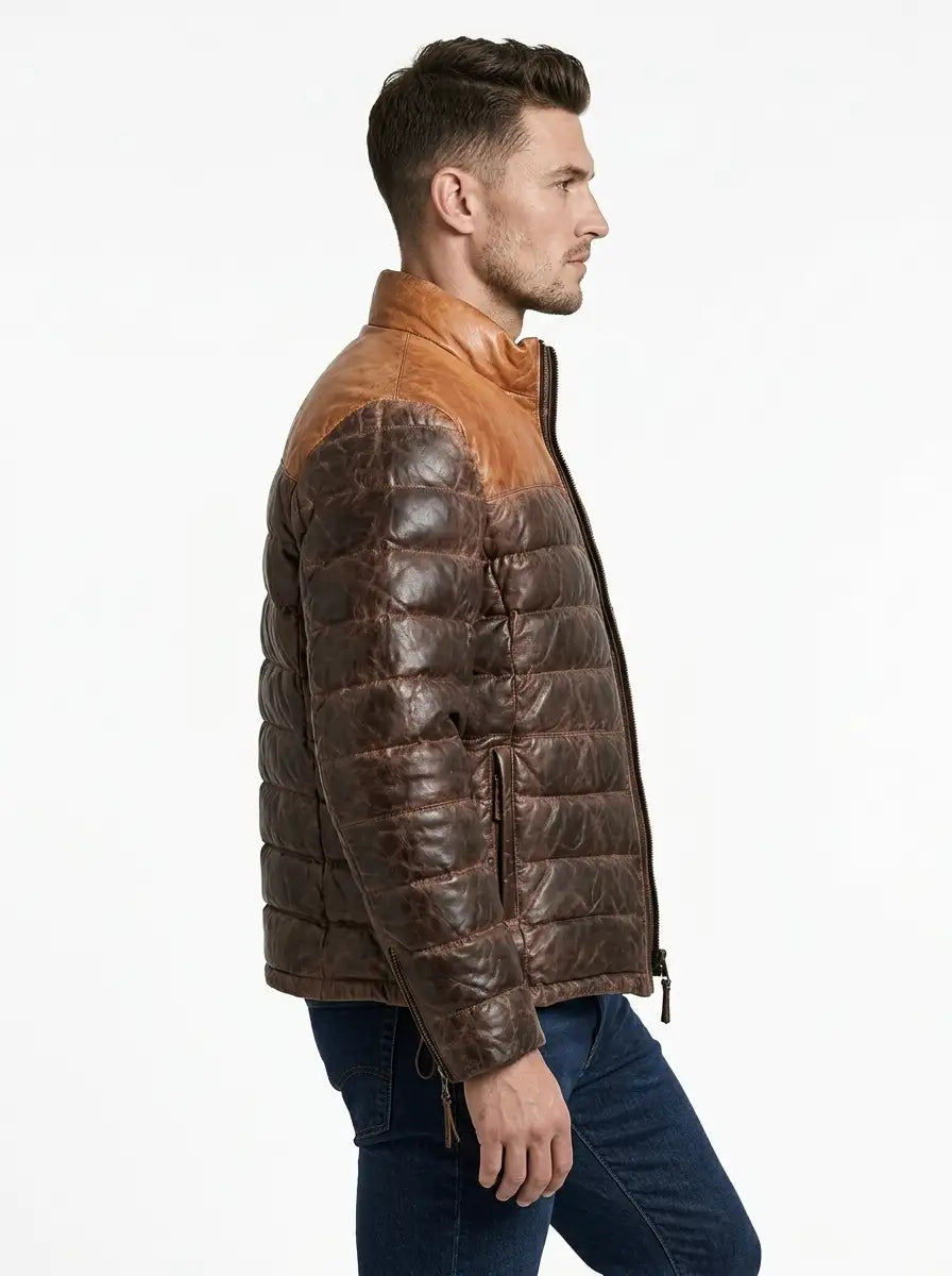 Quilted Dual Tone Tan and Brown Leather Puffer Jacket
