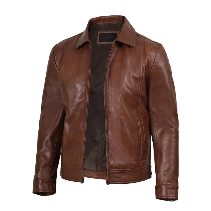 Brown leather jacket on a white background