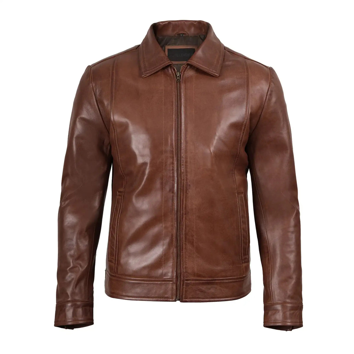 Brown leather jacket on a white background