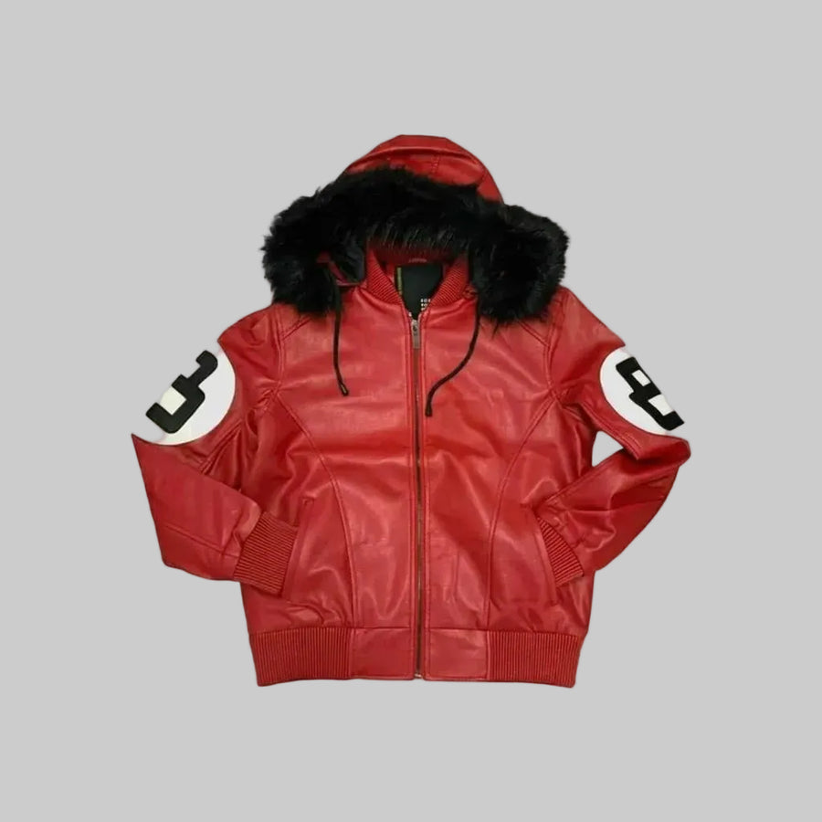 Red Hooded Sheepskin Leather Bomber Jacket For Men