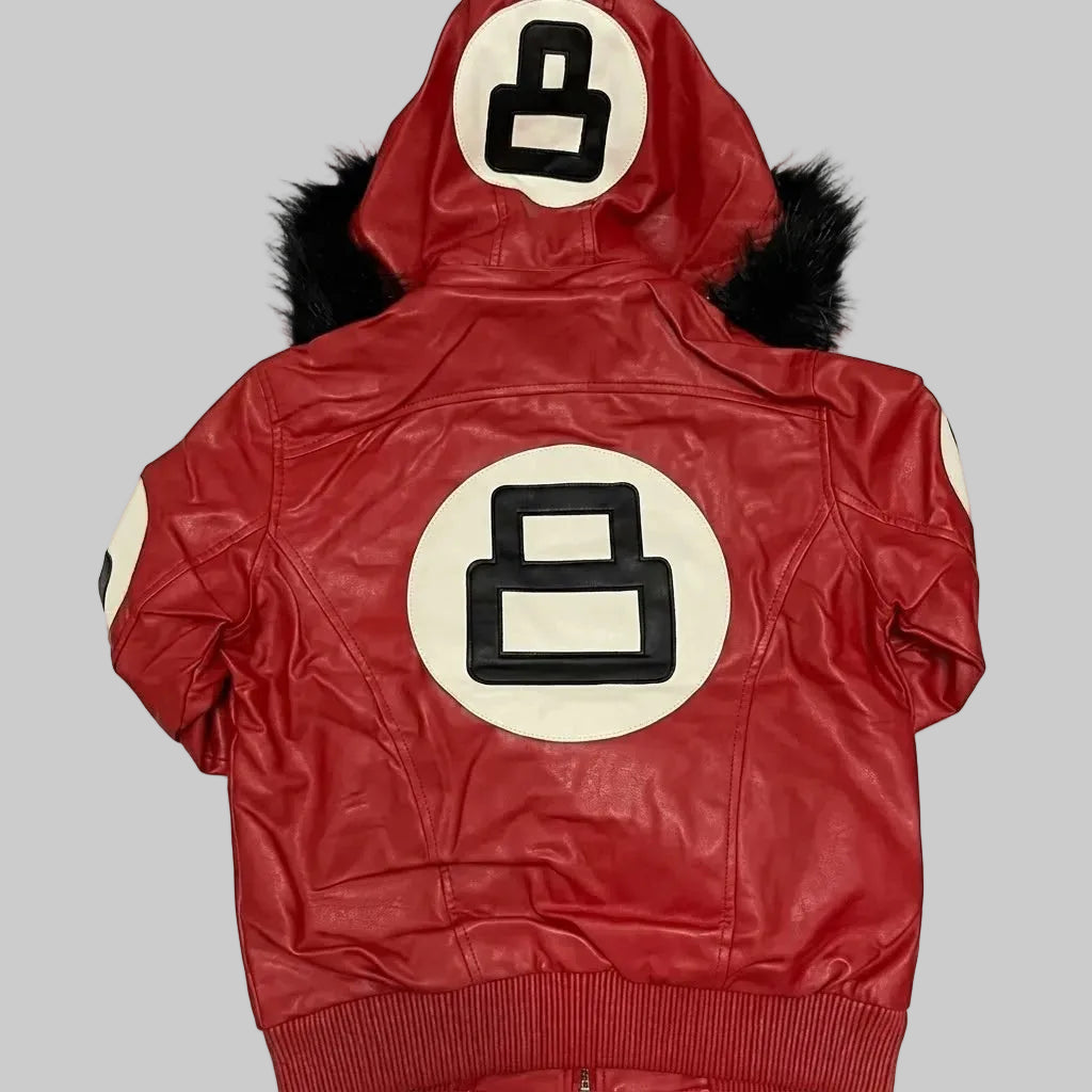 Red Hooded Sheepskin Leather Bomber Jacket For Men