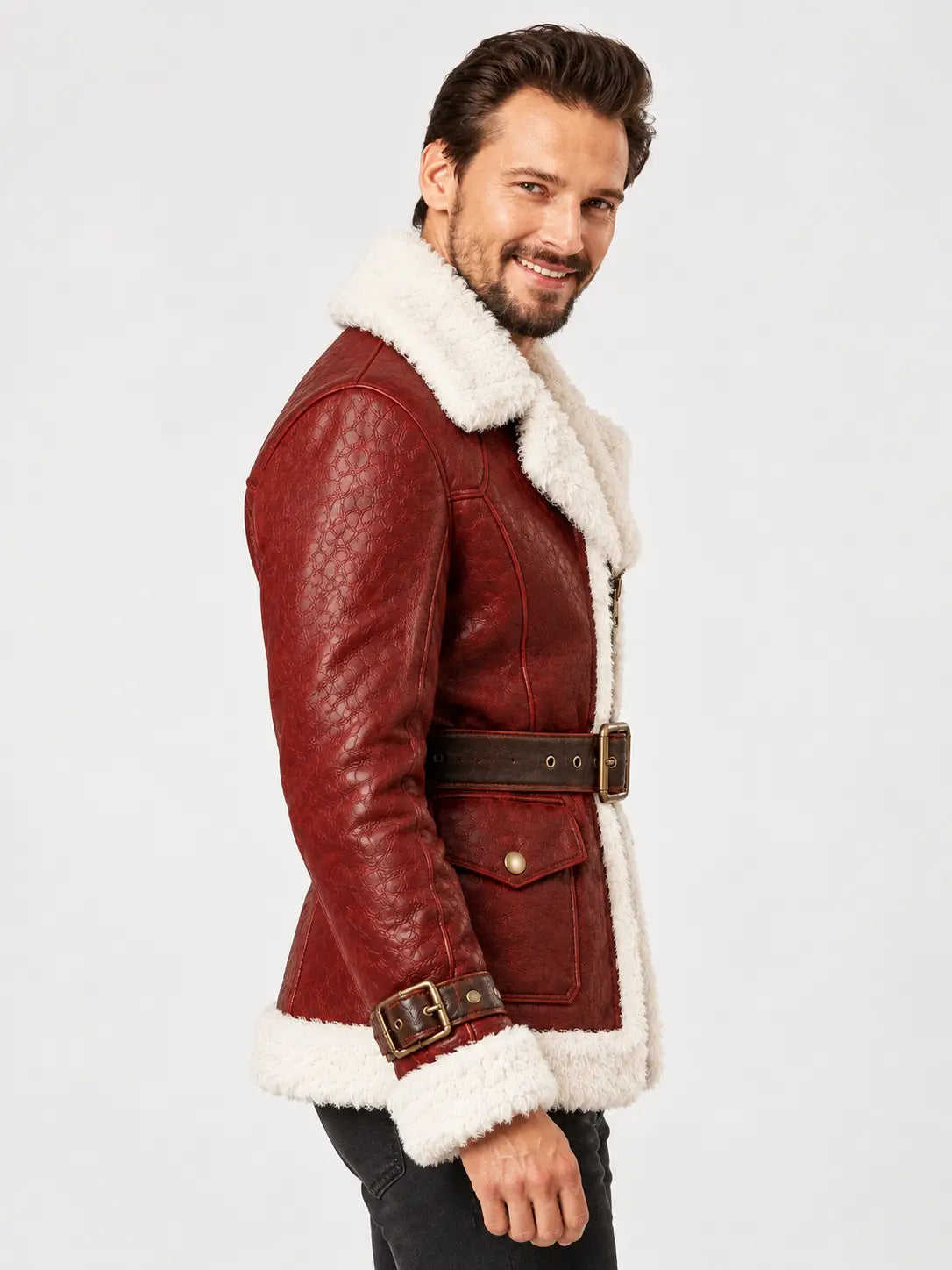 Red Genuine Sheepskin Leather Coat with White Faux Fur Lapel Collar