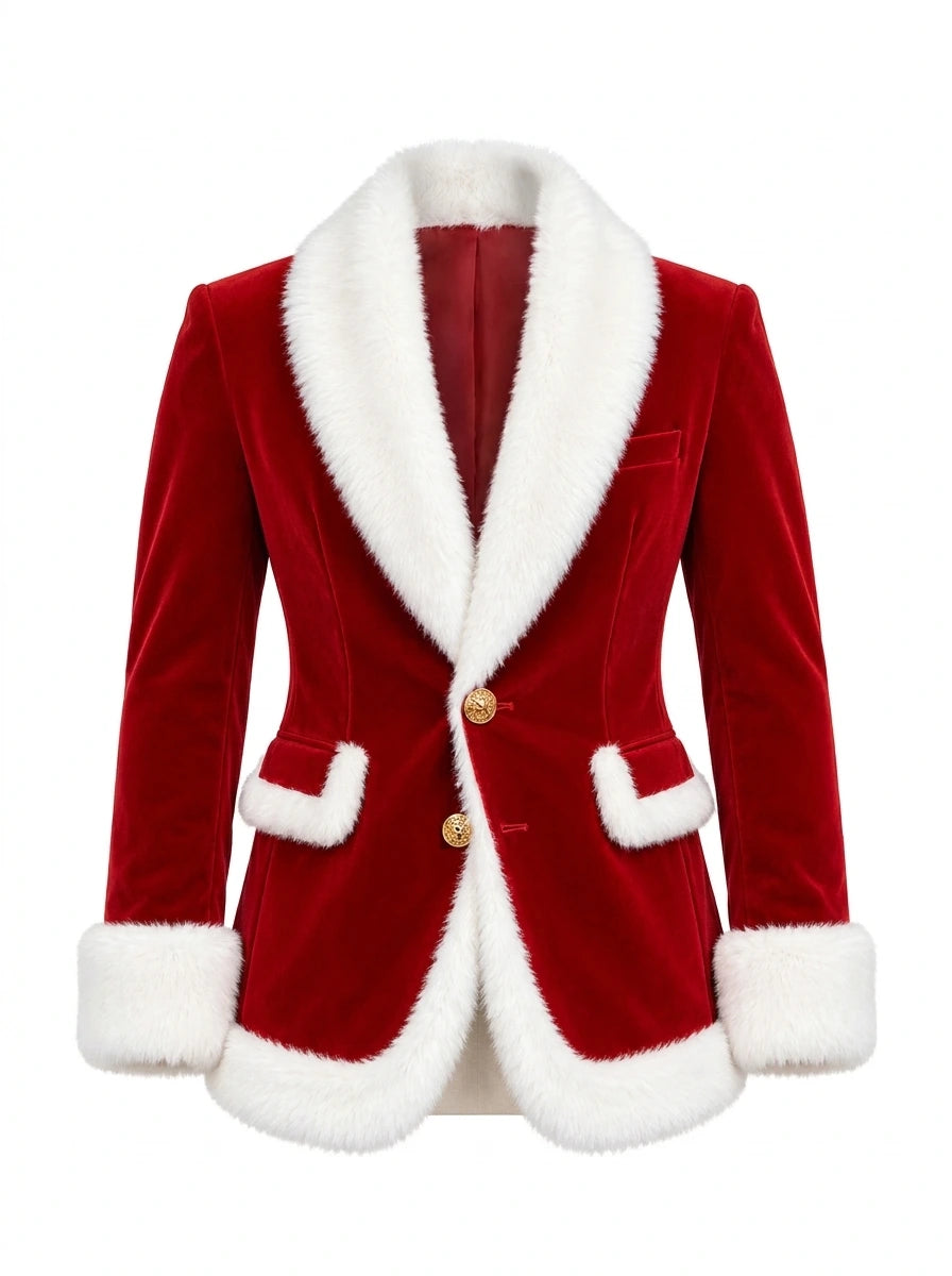 Red Santa leather blazer with white Faux Fur-trimmed front flap pockets