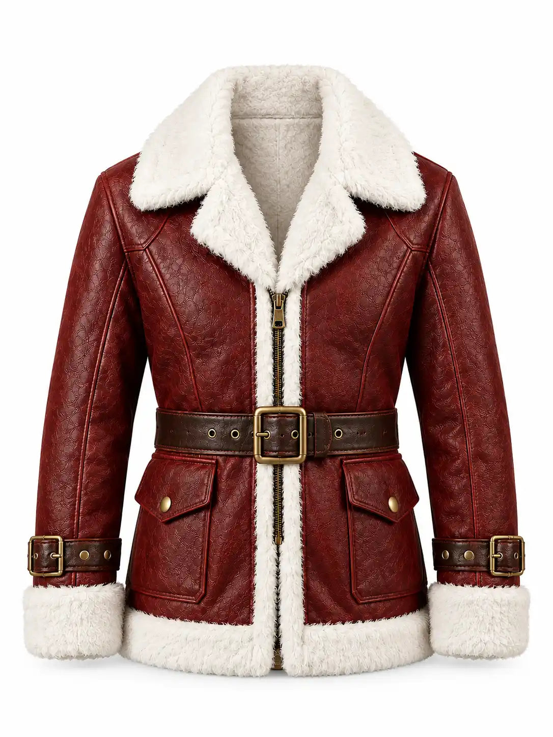 Red Sheepskin Leather Coat for Men with Buckled Waist Belt and Textured Leather Finish