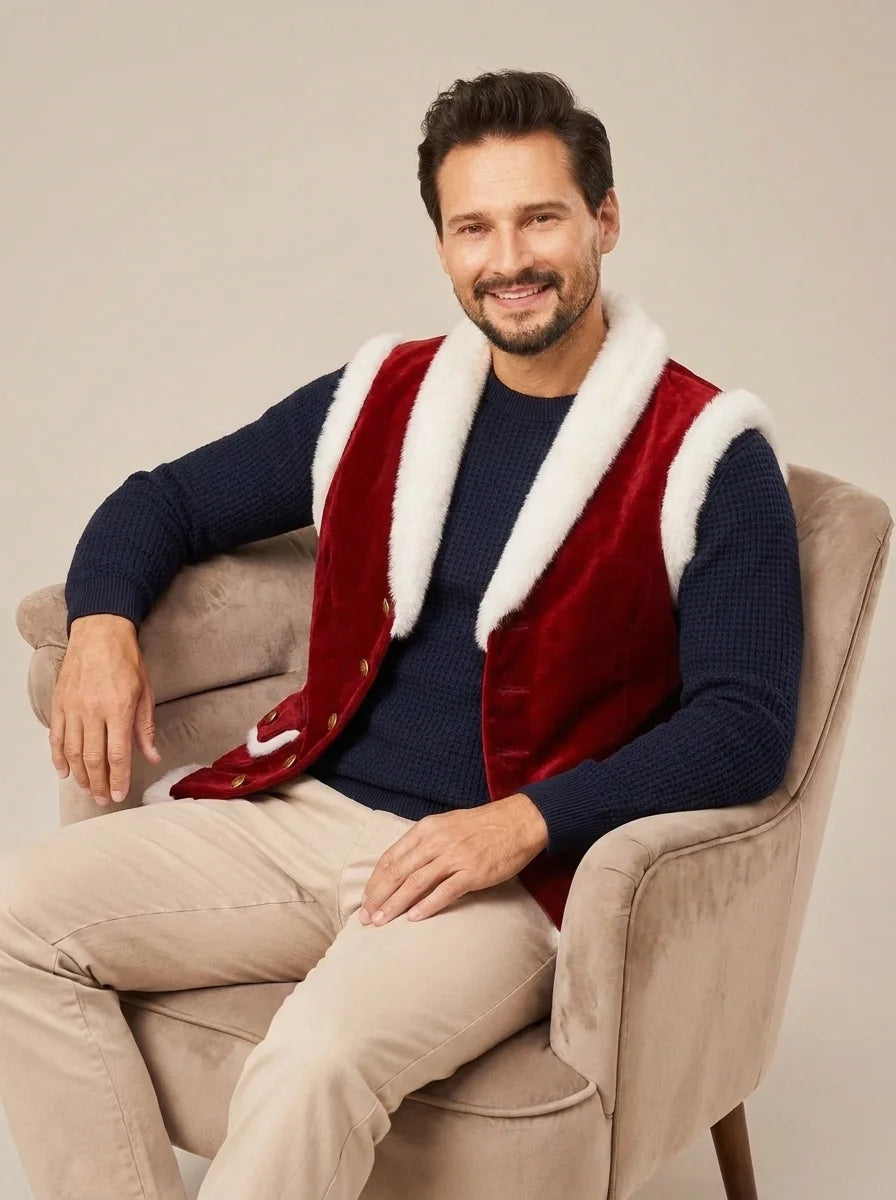 Red men’s festive vest with faux fur detailing for Christmas parties and holiday events