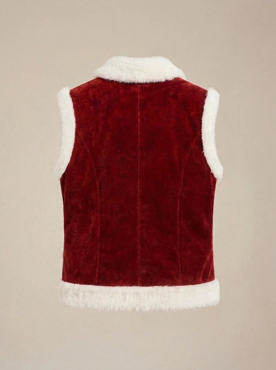 Red suede Christmas waistcoat for men styled for holiday celebrations and festive outfits