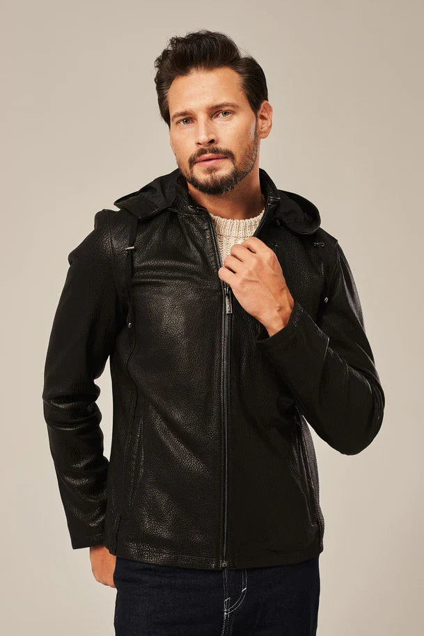 Men's black Moto leather jacket with hood