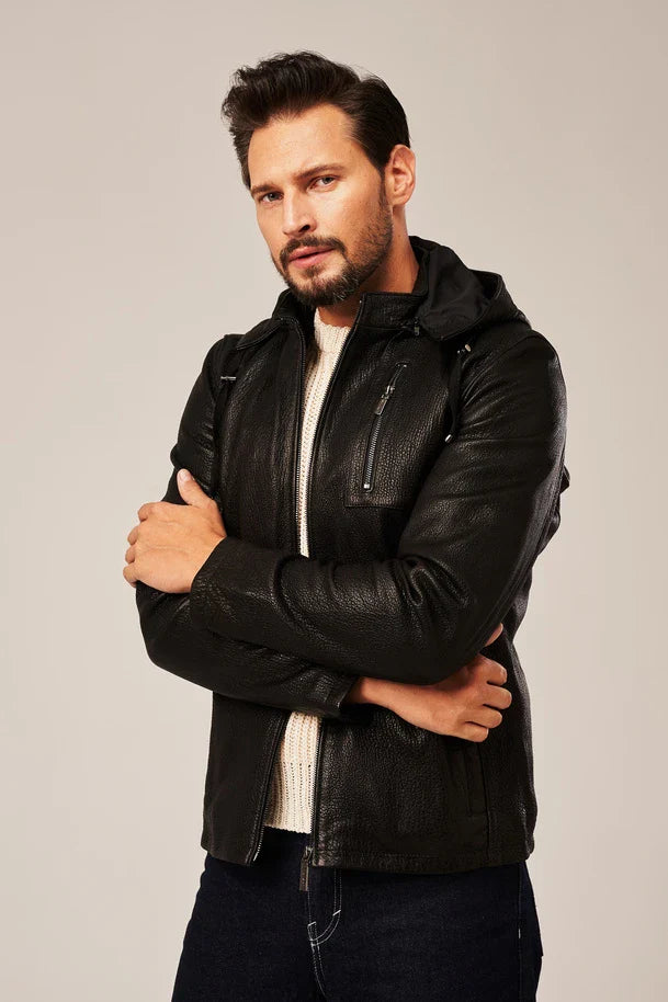 Rexton - Men's black Moto leather jacket with hood 