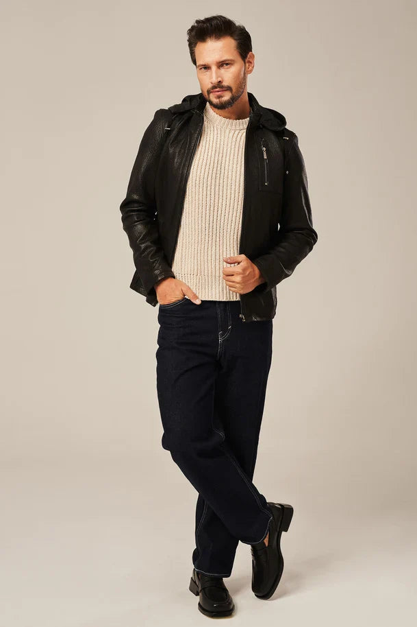 Rexton - Men's black Moto leather jacket with hood 