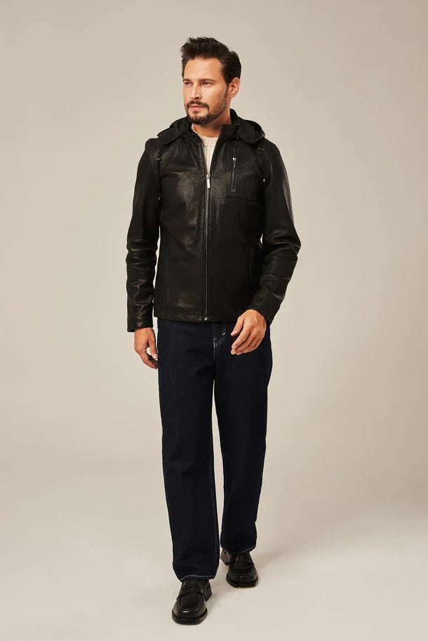 Rexton - Men's black Moto leather jacket with hood 