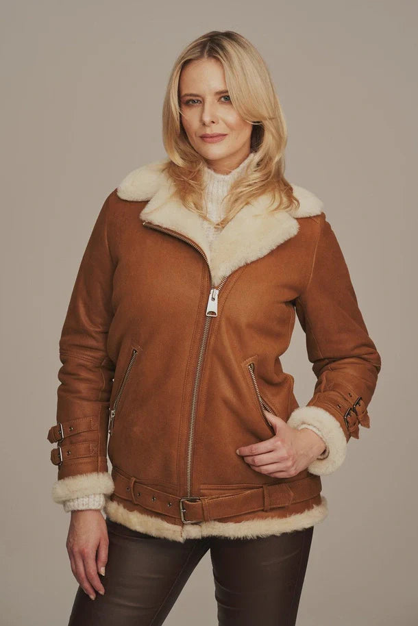 Women's Light Brown Aviator Shearling Leather Jacket